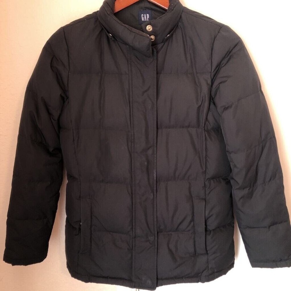 Gap Mens Puffer Jacket Black Zipper Snap Pockets Collared Polyester S